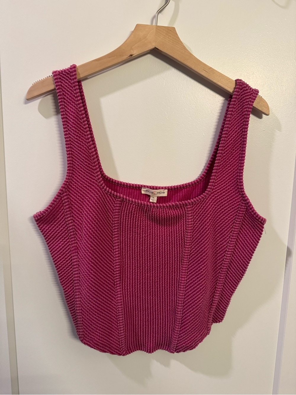 Pink Ribbed Square-Neck Faux Corset tank top